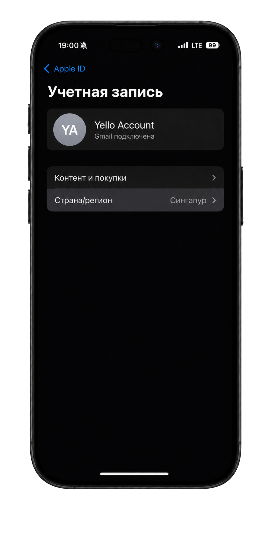 Выбор Сингапура в настройках региона Apple ID